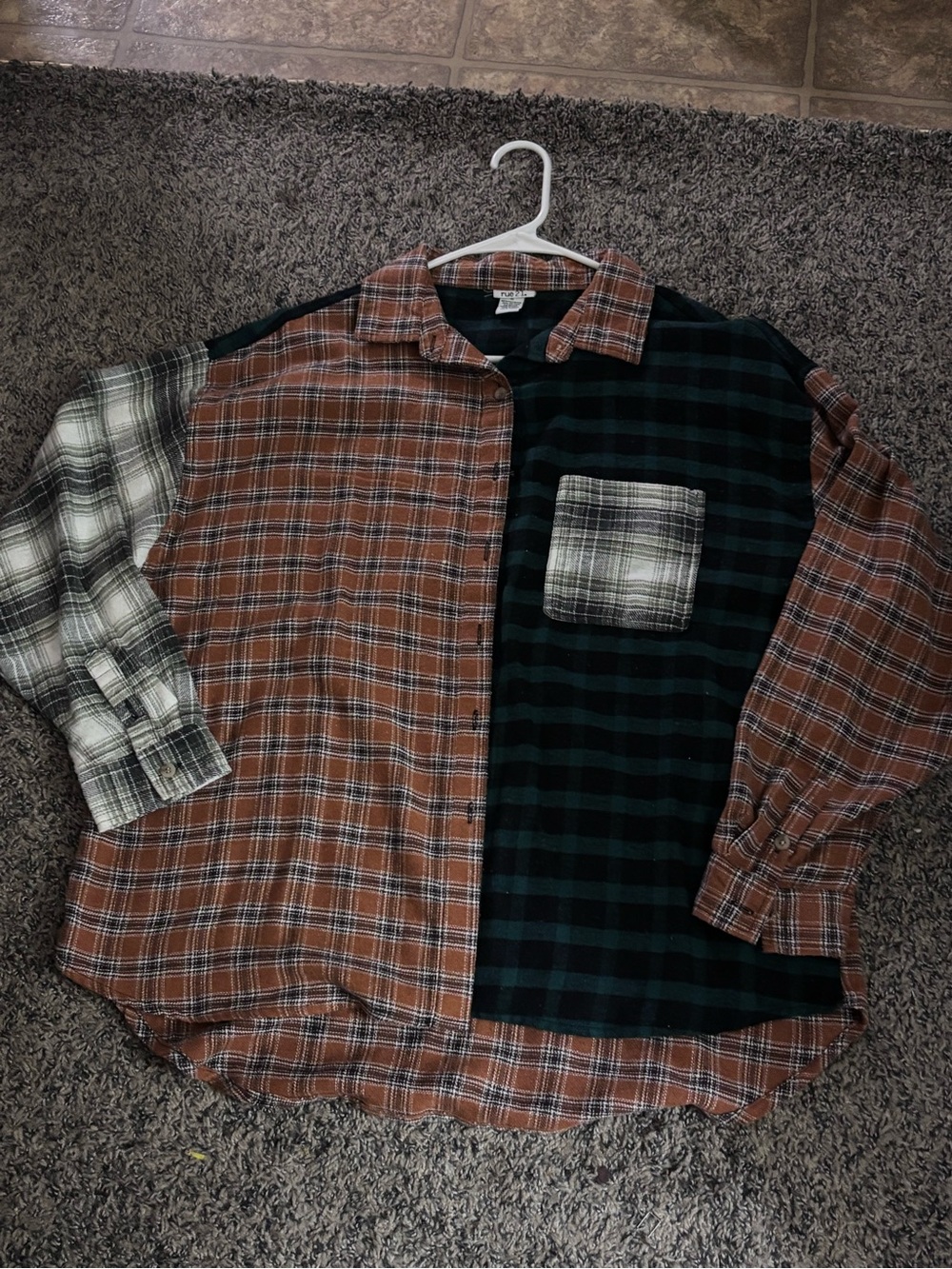 Rue21 Mixed Plaid Patchwork Button-Down Shirt - Brown, Green & Cream